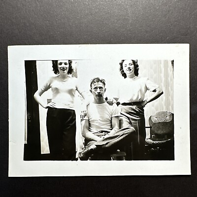 #ad 1940s Ladies Man Two Beautiful women Pipe Nipples ORIGINAL vintage photo $14.00