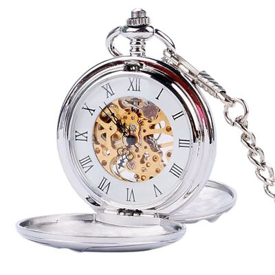 #ad Silver Smooth Mechanical Double Full Hunter Skeleton Pocket Watch Mens Gift $16.25
