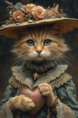 #ad VALENTINES CAT ART PRINT Victorian Kitty Poster Whimsical Feline Animal C991 $14.95