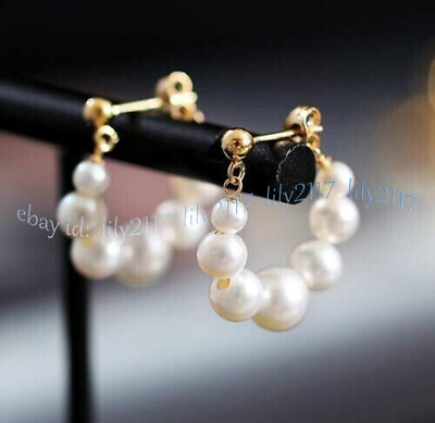 #ad Fine 4 8mm Real Natural White Akoya Baroque Pearl Dangle Gold Stud Earrings AAA $10.79