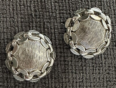 #ad Vintage Silver tone Textured Round Clip On Earrings 1 1 4” Box 52 $7.79
