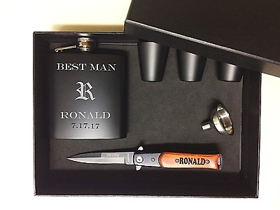 Personalized Groomsmen Gift Set box Custom Engraved Pocket Knife Flask Best man $17.99