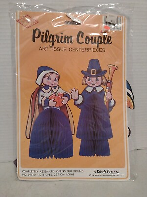 #ad Vtg Beistle Thanksgiving Pilgrim Couple Man Woman Honeycomb Decorations NIOP $11.19