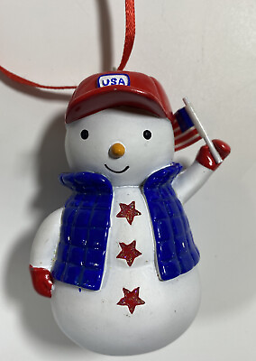 #ad Hallmark Patriotic Snowman Red USA Ball Cap American Flag Gift Ornament $4.97