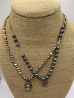 #ad Freshwater Pearl Necklace Set Gray Blue Peach Pearls Beaded 925 Sterling Pendant $20.00