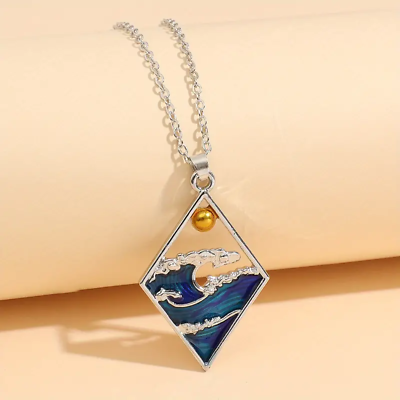 #ad #ad Fashion Blue Ocean Wave Sun Rhombus Pendant Necklace Women Girls Holiday Gift $13.98