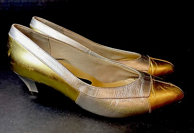 #ad Vintage Heels Shiny Gold Silver Shoes Kitten Pumps Pointed Toe Size 7? $17.90