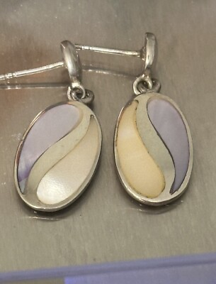 #ad STERLING OVAL DANGLE YELLOW amp; LAVENDER MOTHER OF PEARL DROP INLAY EARRINGS $27.99
