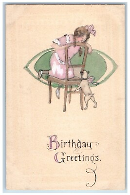 #ad Birthday Postcard Greetings Girl On Chair Dog Barking Handpainted Art c1910#x27;s $14.95