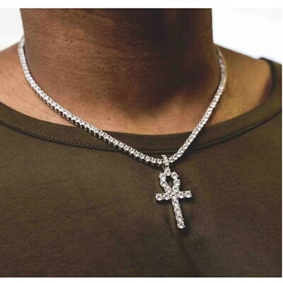 Men#x27;s CZ ANKH Cross Pendant Hip Hop Necklace Stainless Steel ICED Tennis Chain $19.99