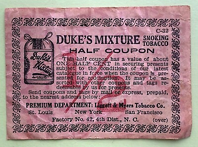 #ad VERY RARE Duke#x27;s Mixture SMOKING Cigarette Tobacco HALF ExCOUPON Expires 1916 $8.52