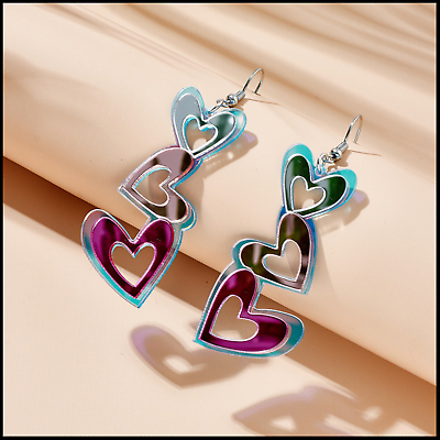 #ad Earrings Heart Acrylic Cute Fashion Dangle Punk Jewellery Mirror Pink Teen $8.99