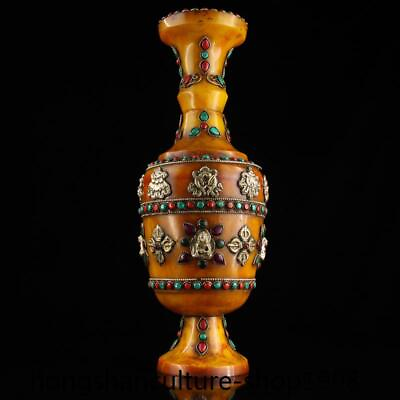 #ad 13quot;Tibet beeswax Tibetan silver turquoise gem 8 treasures Shakyamuni statue vase $335.75