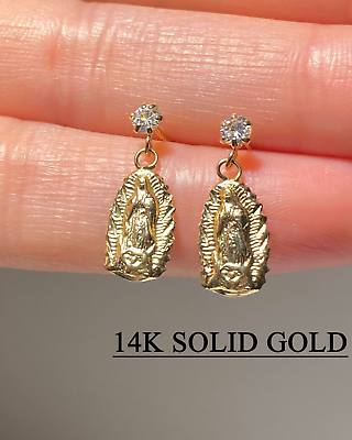 #ad Solid 14K Gold basket Virgin Mary Guadalupe Dangle stud Dainty earring For Women $73.99