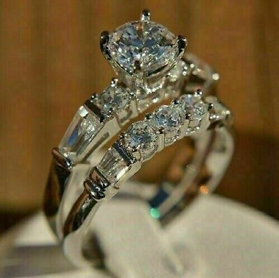 #ad 2Ct Round Cut Lab Created Diamond Wedding Bridal 14Ct White Gold Filled Ring Set $91.80