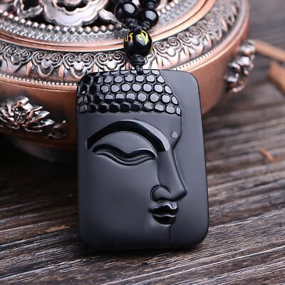 Natural black obsidian sakyamuni buddha necklace Amulet pendant bead with chain $9.89