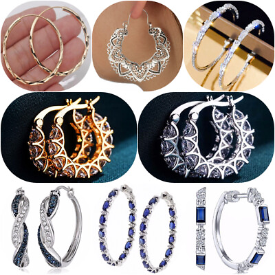#ad 925 Silver PlatedGold Hoop Earring Cubic Zircon Women Fashion Party Jewelry C $2.56