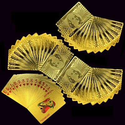 #ad 2 Decks Luxury 24K Gold Foil Poker Playing Cards Waterproof Plastic Set Gift $10.99