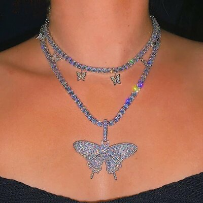 2pcs Butterfly Pendant Necklace Choker Crystal Rhinestone Chain Women Bling Gift C $6.11
