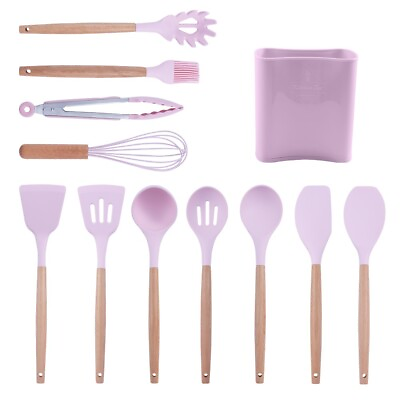 #ad 12 Pcs Kitchen Silicone Utensils Set with Heat Resist Wooden Handle Gift Pink $24.00