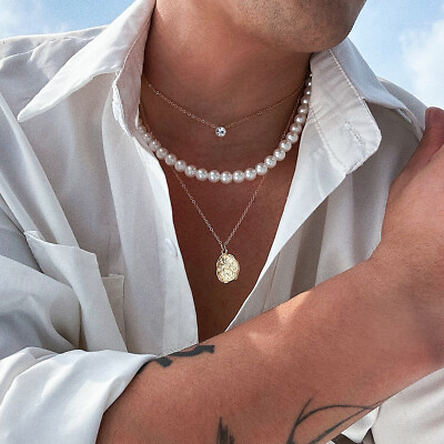 #ad Layered Pearl Round Piece Necklace Men#x27;s Hip hop Collarbone Chain Accessory $5.49