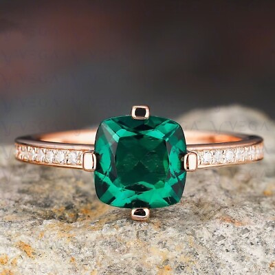 #ad 3.78ct Cushion Cut Natural Emerald Gemstones Diamond Wedding Ring 14K Rose Gold $498.00