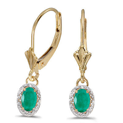 #ad 10k Yellow Gold Oval Emerald And Diamond Leverback Earrings $207.25