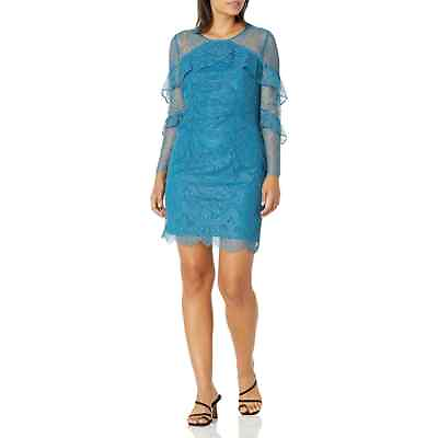 #ad Nanette Lepore Size 10 NWT Blue Lace Sheath Dress Ruffle Sleeves Keyhole Back $58.97
