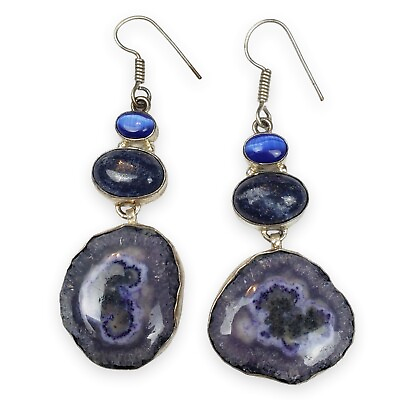 #ad Sterling Solar Quartz Drop Earrings Amethyst Geode Slice Lapis Lazuli 925 Silver $49.95