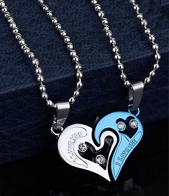 #ad #ad 2pcs Heart Couple Necklace Set quot;I LOVE YOUquot; Stainless Steel Pendant Chain Gift $9.20