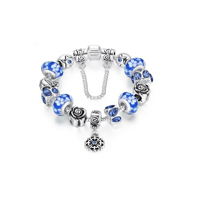 #ad 18K White Gold Plated Blue Flower Crystal CZ Charm Bracelet Made with Swarovski $9.99