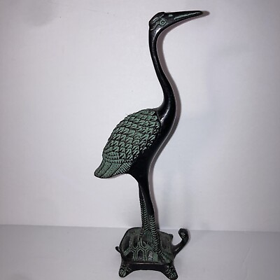 #ad Vintage Bronze Crane Standing On Turtle Sculpture $18.00
