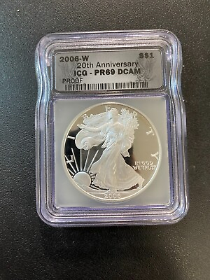 #ad 2006 W PROOF SILVER EAGLE ICG PR 69 DCAM 20TH ANNIVERSARY CERTIFIED SLAB $1 $80.75