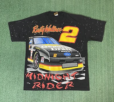 #ad Vintage Rusty Wallace 2 Midnight Rider All Over Print Shirt Size L Double Sided $69.99