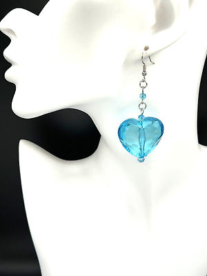 #ad Huge 30mm Aqua Hearts Acrylic Stainless Steel Dangle Drop Earrings Adorable $9.99