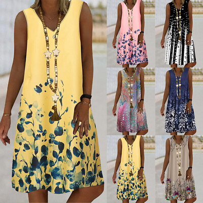 #ad Womens V Neck Floral Sundress Summer Beach Sleeveless Printed Midi Tunic Dress $19.35