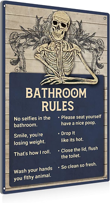 #ad BEASTZHENG Funny Skull Bathroom Rules Metal Tin Sign Wall Decor Vintage Bathro $10.31