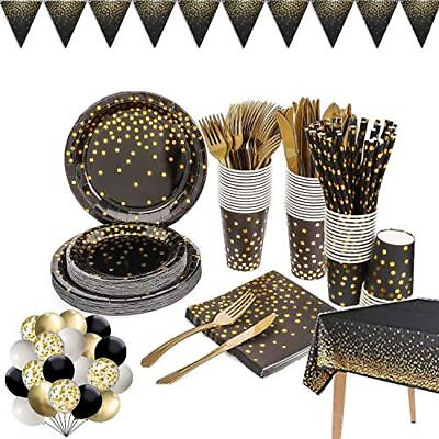 #ad 142 piece black and gold party supply set Gold polka dot party tableware incl... $32.55