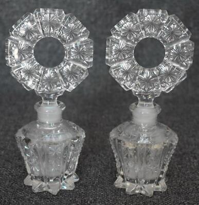 #ad GORGEOUS VINTAGE PAIR OF IMPERIAL GLASS PERFUME BOTTLES W LARGE ORNATE STOPPERS $38.49
