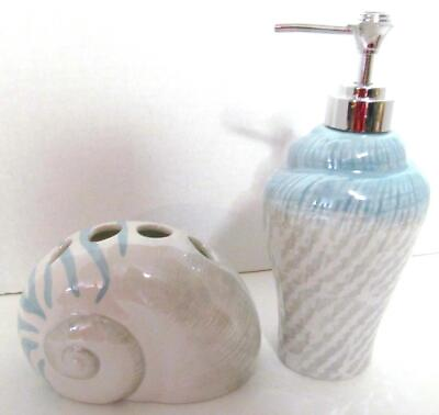 #ad #ad Tropical Bath Set SEASIDE SOLITUDE Seashell 2 pc Ceramic Dispenser amp; Toothbrush $38.99