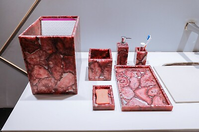 #ad Red Agate Stone Epoxy Art Bath Set Marble Tray for Bathroom Decor Set of 6 Piece $885.00