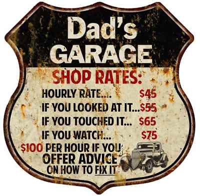 #ad Dad#x27;s Garage Shop Rates Personalized Gift Shield Metal Sign 211110019002 $24.95
