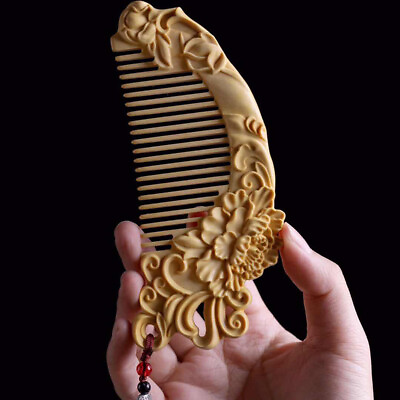 #ad 140*65*13mm Peony Flowers Pattern Hand Carving Boxwood Crafts Gift Comb GBP 13.88
