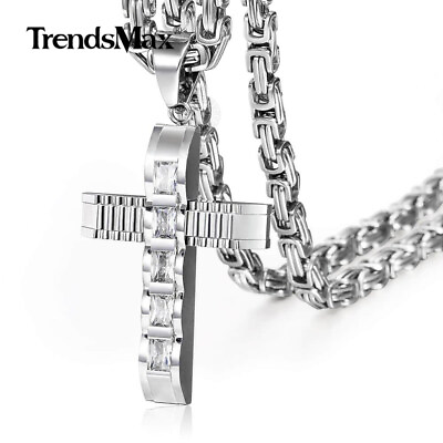 #ad Cubic Zirconia CZ Cross Necklace Pendant Stainless Steel Byzantine Box Chain Men $14.24