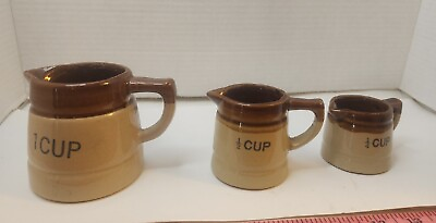 #ad Brown Glaze Stone wear Crock Pottery Measuring Cups Set Of 3 $13.98