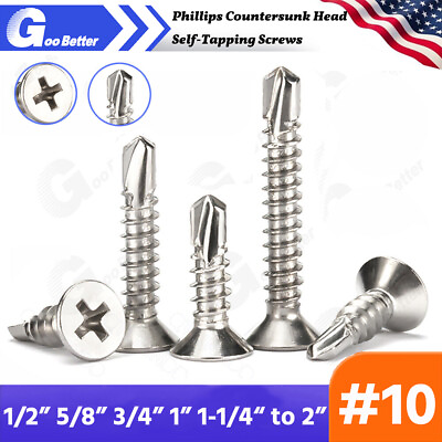 #ad #10 410 Stainless Steel Phillips Countersunk Head Self Tapping Screws 1 2 to 2quot; $5.57