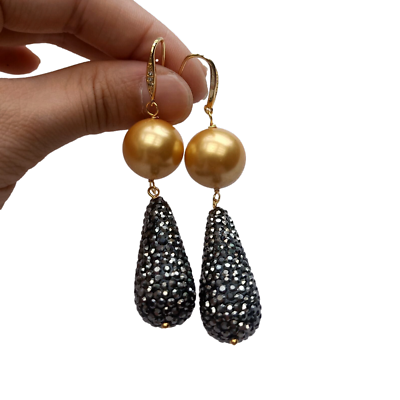 #ad Champagne Sea Shell Pearl Black Crystal Pave Teardrop Drop Hook Earrings $10.00