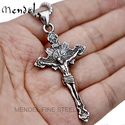 #ad MENDEL Mens Stainless Steel Jesus Christ Face Crucifix Cross Pendant Necklace $12.99