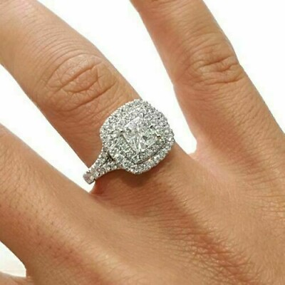 #ad 2.50Ct Cushion Lab Created Diamond Engagement Ring 14k Double Halo White Gold $240.00