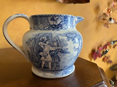 #ad Bamp;B Robin Hood antique blue white Staffordshire transferware pitcher Rare $80.00